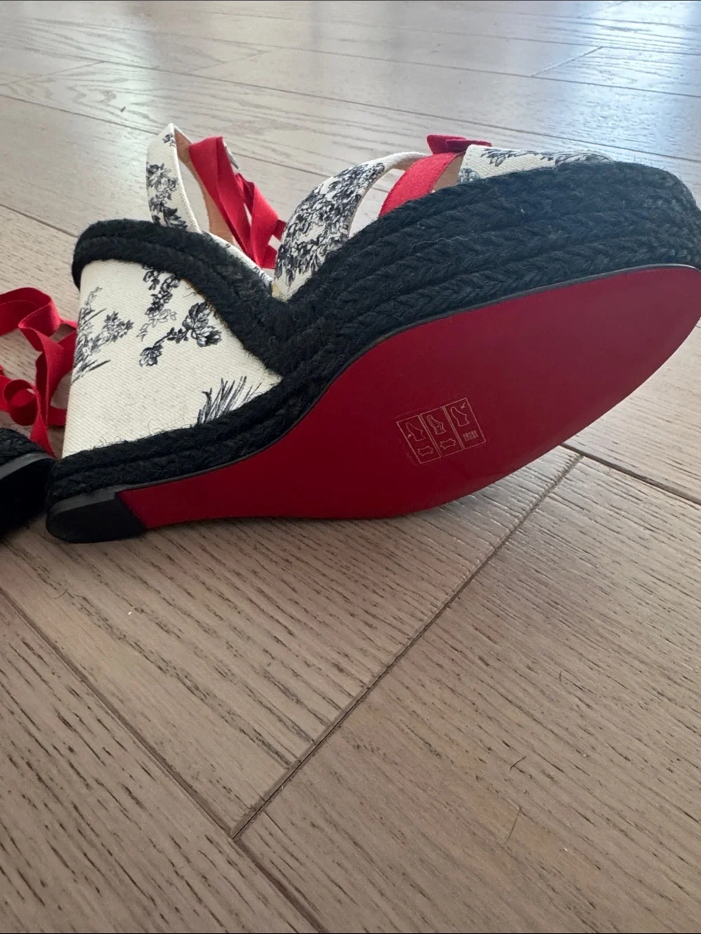 Christian Louboutin Black & White Toile Espadrille Wedges with Red Ribbon